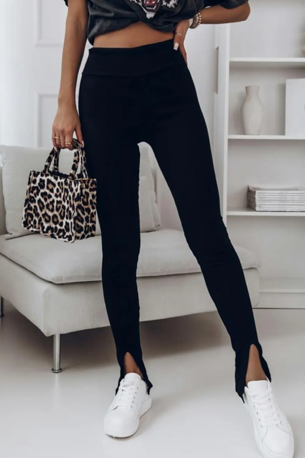 New Dear-Lover Rib Knit High Waist Slit Leggings Black
