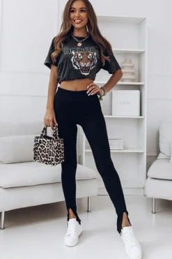 New Dear-Lover Rib Knit High Waist Slit Leggings Black