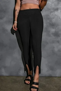 New Dear-Lover Rib Knit High Waist Slit Leggings Black