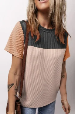 Discount Dear-Lover Rib Textured Colorblock T Shirt Black