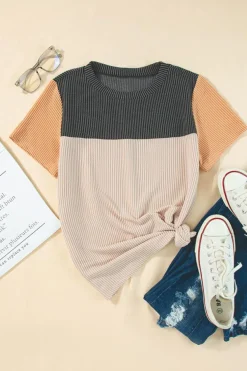 Discount Dear-Lover Rib Textured Colorblock T Shirt Black