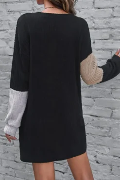 Hot Dear-Lover Ribbed Color Block Drop Shoulder Long Sleeve Mini Dress Black