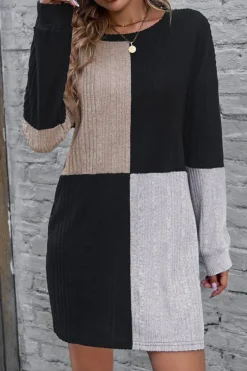 Hot Dear-Lover Ribbed Color Block Drop Shoulder Long Sleeve Mini Dress Black