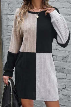 Hot Dear-Lover Ribbed Color Block Drop Shoulder Long Sleeve Mini Dress Black