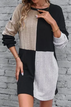Hot Dear-Lover Ribbed Color Block Drop Shoulder Long Sleeve Mini Dress Black