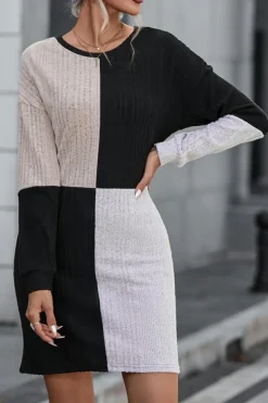 Hot Dear-Lover Ribbed Color Block Drop Shoulder Long Sleeve Mini Dress Black