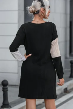 Hot Dear-Lover Ribbed Color Block Drop Shoulder Long Sleeve Mini Dress Black