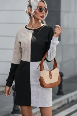 Hot Dear-Lover Ribbed Color Block Drop Shoulder Long Sleeve Mini Dress Black