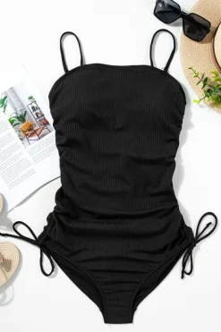 Clearance Dear-Lover Ribbed Drawstring Sides Cutout One Piece Swimsuit Black