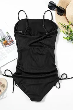 Clearance Dear-Lover Ribbed Drawstring Sides Cutout One Piece Swimsuit Black