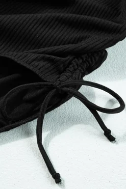Clearance Dear-Lover Ribbed Drawstring Sides Cutout One Piece Swimsuit Black