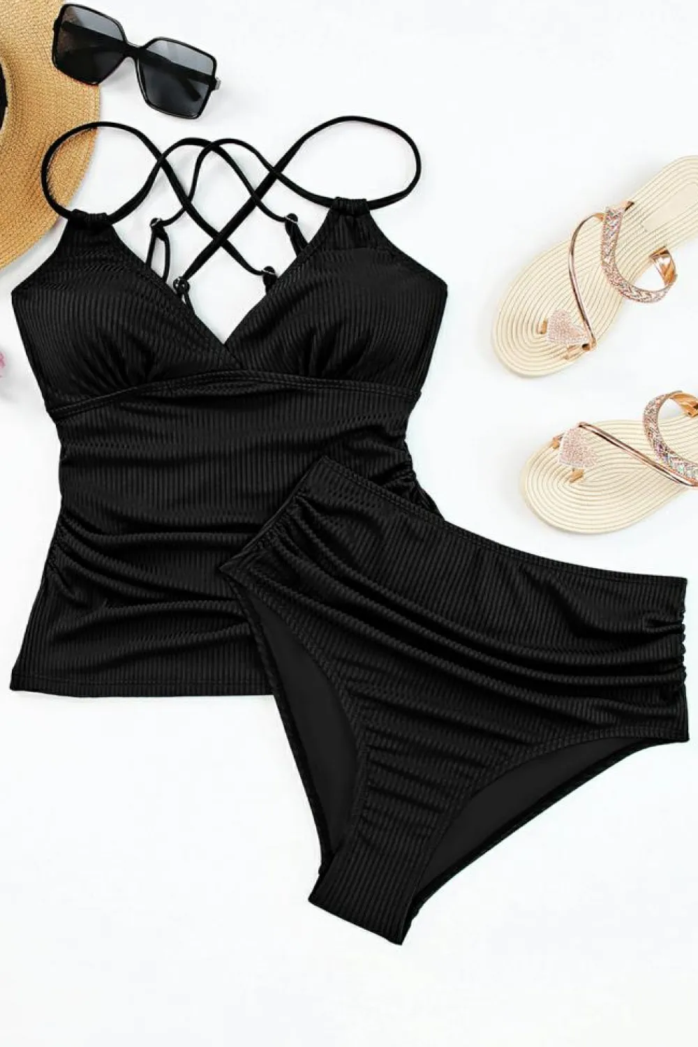 Online Dear-Lover Ribbed Dual Crisscross Straps Cut-Out Back Tankini Suit Black