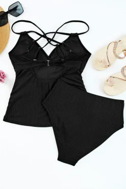 Online Dear-Lover Ribbed Dual Crisscross Straps Cut-Out Back Tankini Suit Black