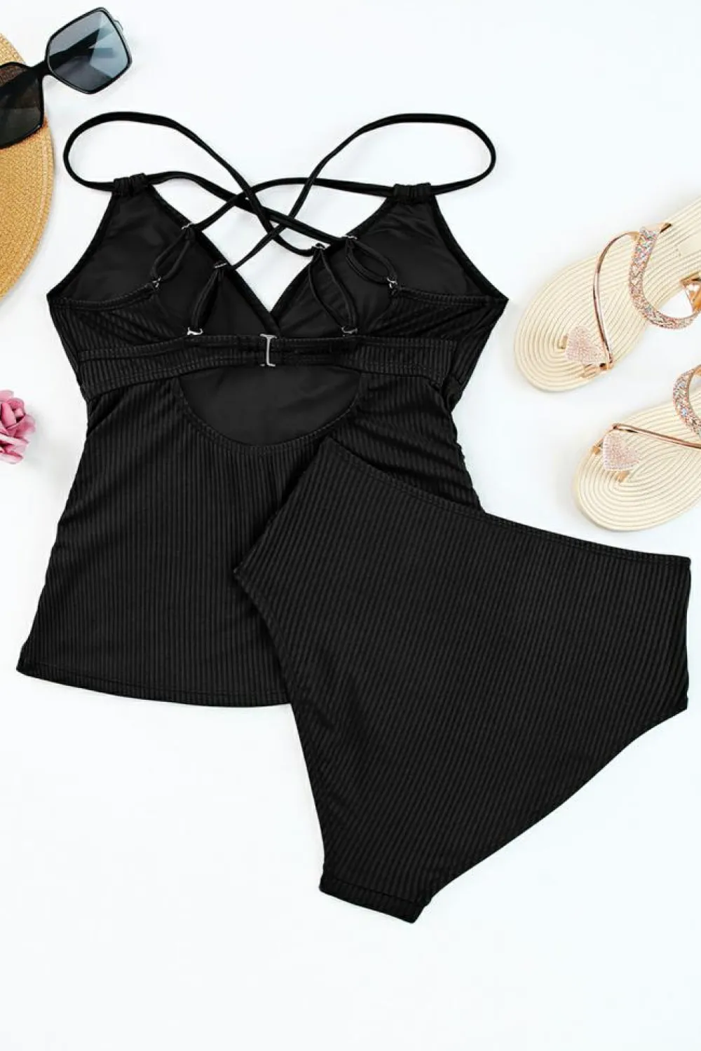 Online Dear-Lover Ribbed Dual Crisscross Straps Cut-Out Back Tankini Suit Black