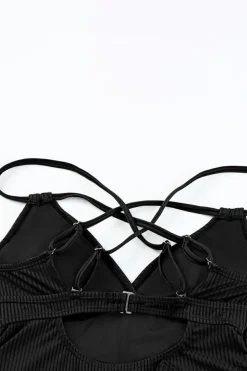 Online Dear-Lover Ribbed Dual Crisscross Straps Cut-Out Back Tankini Suit Black