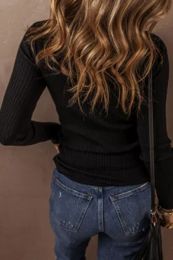 Online Dear-Lover Ribbed Knit Collared Slim Fit Sweater Cardigan Black