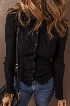Online Dear-Lover Ribbed Knit Collared Slim Fit Sweater Cardigan Black