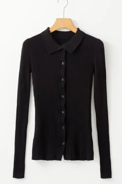 Online Dear-Lover Ribbed Knit Collared Slim Fit Sweater Cardigan Black