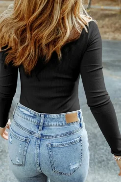 Best Dear-Lover Ribbed Knit High Neck Long Sleeve Top Black