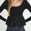 Discount Dear-Lover Ribbed Knit Long Sleeve Scoop Neck Peplum Patchwork Top Black