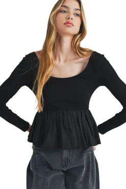 Discount Dear-Lover Ribbed Knit Long Sleeve Scoop Neck Peplum Patchwork Top Black