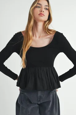 Discount Dear-Lover Ribbed Knit Long Sleeve Scoop Neck Peplum Patchwork Top Black