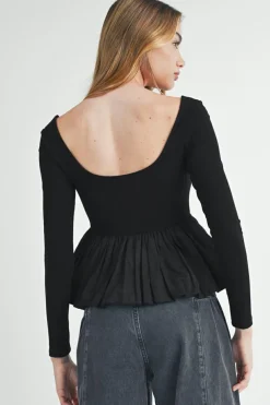 Discount Dear-Lover Ribbed Knit Long Sleeve Scoop Neck Peplum Patchwork Top Black