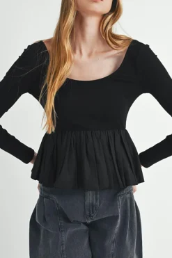 Discount Dear-Lover Ribbed Knit Long Sleeve Scoop Neck Peplum Patchwork Top Black