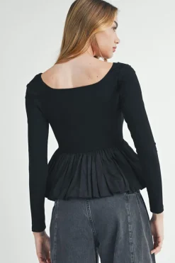 Discount Dear-Lover Ribbed Knit Long Sleeve Scoop Neck Peplum Patchwork Top Black