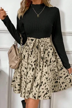 Outlet Dear-Lover Ribbed Knit Patchwork Printed Belted A-line Dress Black