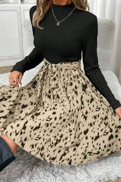 Outlet Dear-Lover Ribbed Knit Patchwork Printed Belted A-line Dress Black