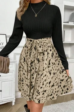 Outlet Dear-Lover Ribbed Knit Patchwork Printed Belted A-line Dress Black