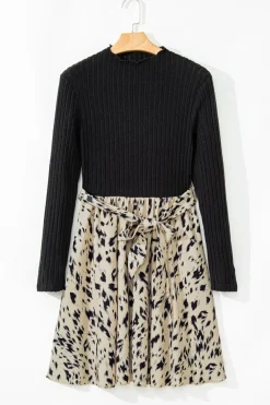 Outlet Dear-Lover Ribbed Knit Patchwork Printed Belted A-line Dress Black