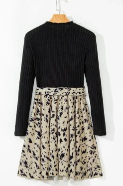 Outlet Dear-Lover Ribbed Knit Patchwork Printed Belted A-line Dress Black