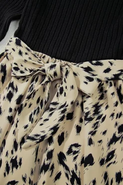 Outlet Dear-Lover Ribbed Knit Patchwork Printed Belted A-line Dress Black