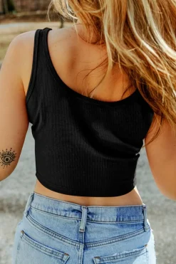Discount Dear-Lover Ribbed Knit Sheath Sleeveless Crop Top Black