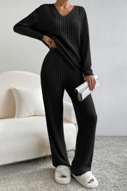 Outlet Dear-Lover Ribbed Knit V Neck Slouchy Two-piece Outfit Black