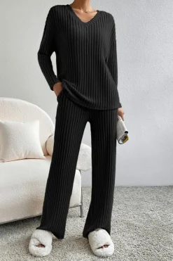 Outlet Dear-Lover Ribbed Knit V Neck Slouchy Two-piece Outfit Black