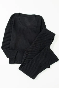 Outlet Dear-Lover Ribbed Knit V Neck Slouchy Two-piece Outfit Black