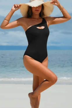 Fashion Dear-Lover Ribbed One Shoulder Hollowed One Piece Swimsuit Black