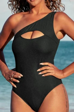 Fashion Dear-Lover Ribbed One Shoulder Hollowed One Piece Swimsuit Black