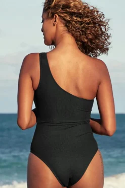 Fashion Dear-Lover Ribbed One Shoulder Hollowed One Piece Swimsuit Black