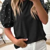 Outlet Dear-Lover Ribbed Pearl Beaded Puff Sleeve Top Black