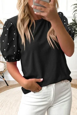 Outlet Dear-Lover Ribbed Pearl Beaded Puff Sleeve Top Black