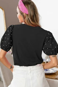 Outlet Dear-Lover Ribbed Pearl Beaded Puff Sleeve Top Black
