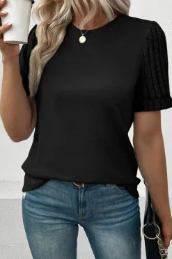 Hot Dear-Lover Ribbed Splicing Sleeve Round Neck T-shirt Black