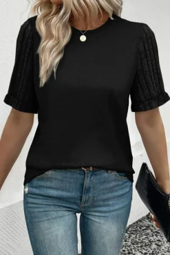 Hot Dear-Lover Ribbed Splicing Sleeve Round Neck T-shirt Black
