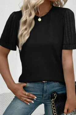 Hot Dear-Lover Ribbed Splicing Sleeve Round Neck T-shirt Black