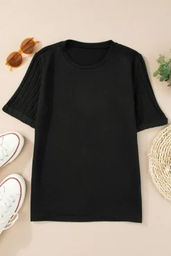 Hot Dear-Lover Ribbed Splicing Sleeve Round Neck T-shirt Black