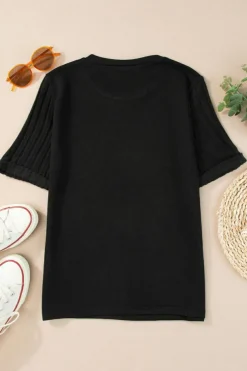 Hot Dear-Lover Ribbed Splicing Sleeve Round Neck T-shirt Black